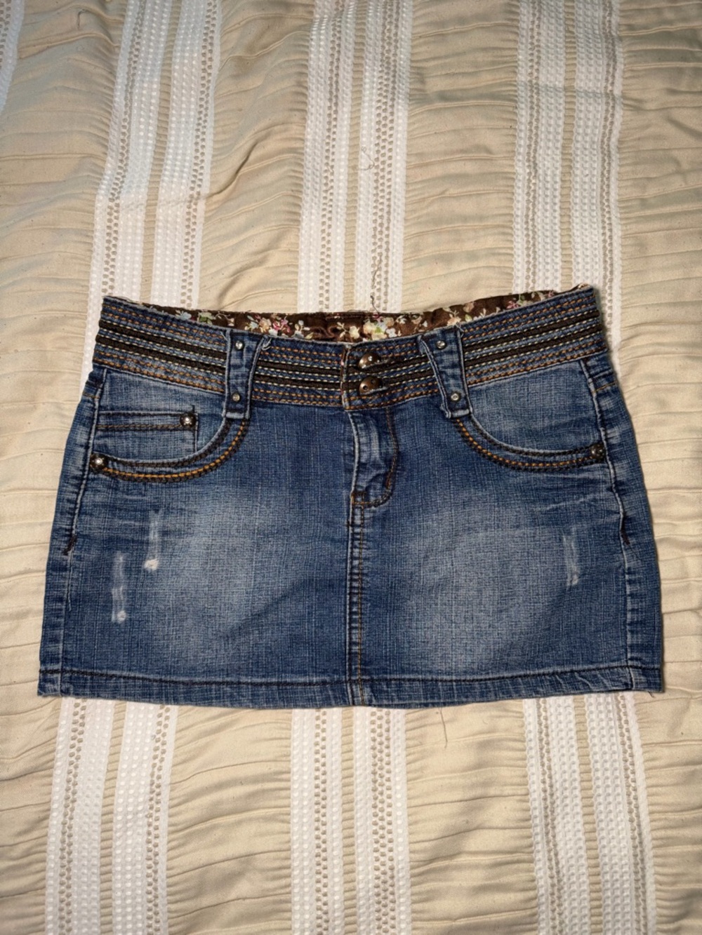 Blue Denim Mini Skirt with Embroidered Waist Detailing